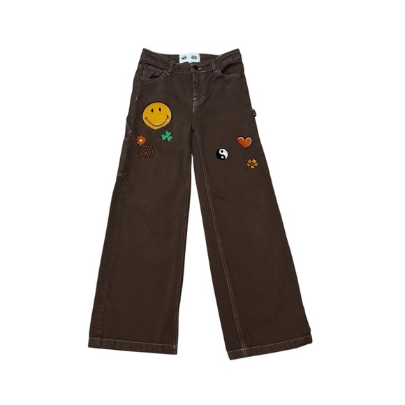 Don't call me Jennyfer Women's Size 00/27 Flare Cargo Jeans Embroidered Patches - Picture 2 of 6